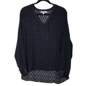Ellen Tracy Sheer Chevron Black V-Neck Long Sleeve Top Blouse Size L